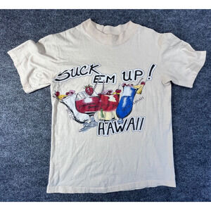 Vintage Hawaii Shirt S Mens Beige Suck EM UP Club Cocktail Single Stitch 80s